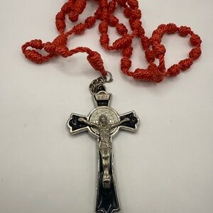 Durable red paracord rosary with a black and silver crucifix featuring "INRI"